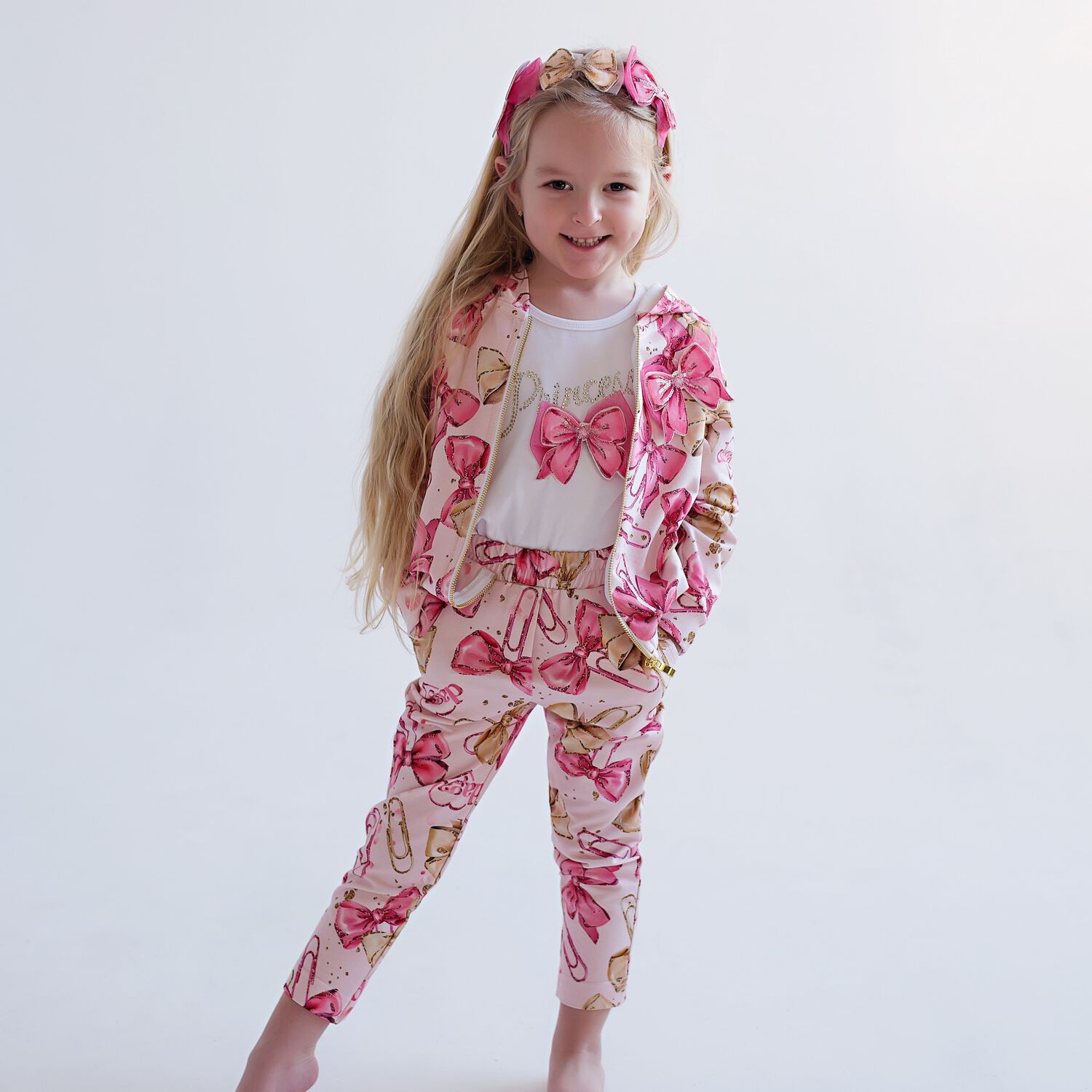 Girls Pink Bow Hooded Zip Up Top, 1, hi-res image number null