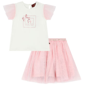 Younger Girls White & Pink Tulle Skirt Set