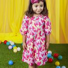 فستان مزين بنقشة فيونكة باللون الوردي للبنات , 1, hi-res