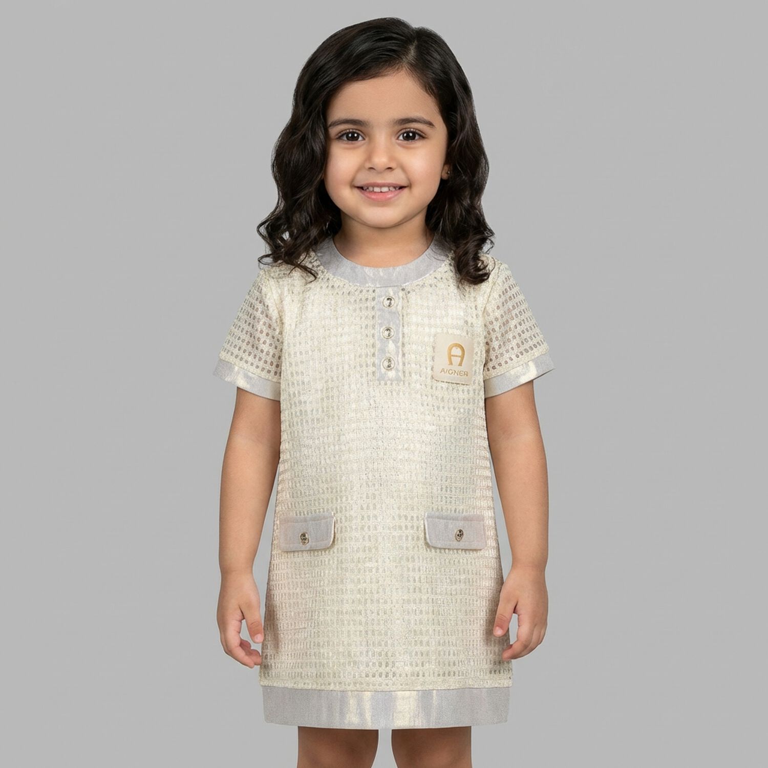 Younger Girls Ivory & Gold Logo Dress, 1, hi-res