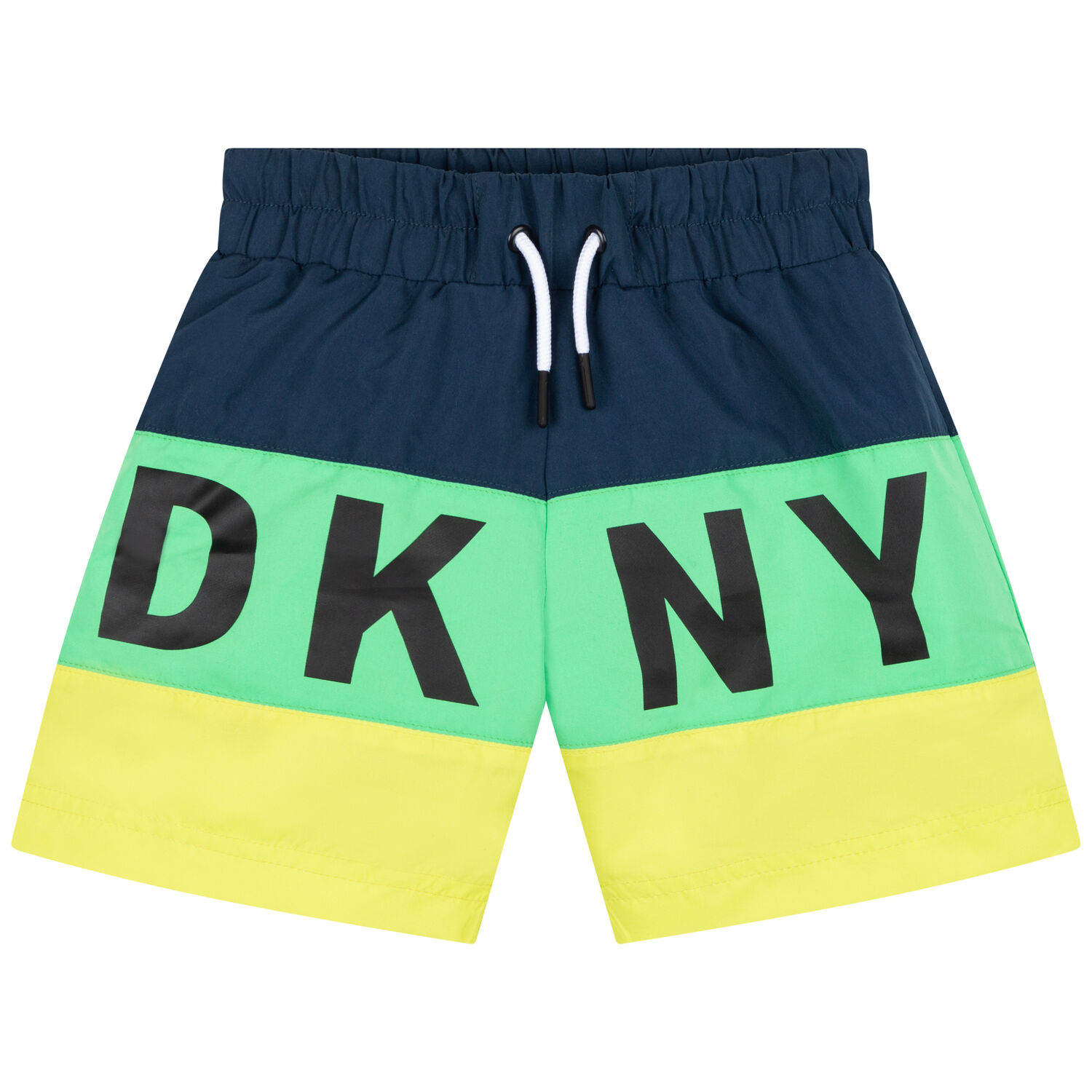 Boys Navy, Green & Yellow Logo Swim Shorts, 1, hi-res