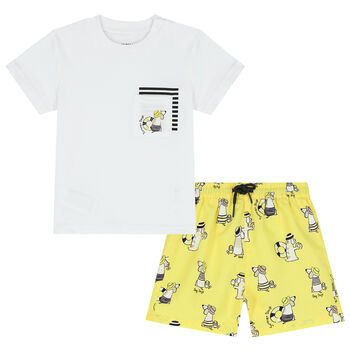 Younger Boys White & Yellow Swim Shorts Set