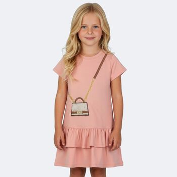 Girls Pink Faux Fur Bag Logo Dress