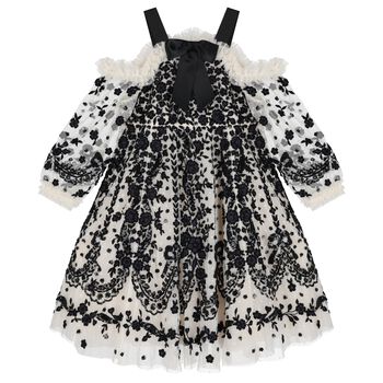 فستان بناتي باللون   أسود وبيج مزهر بدون أكتاف