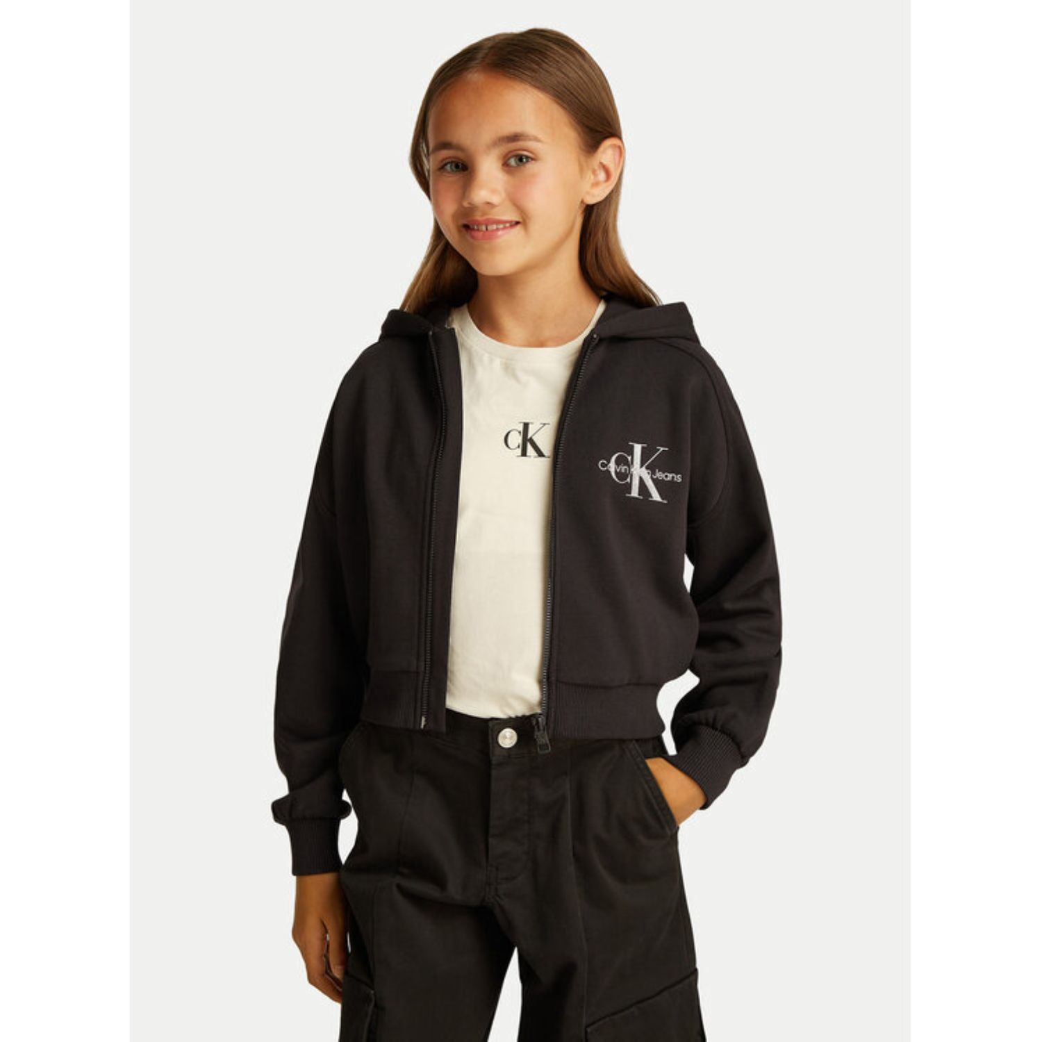 Girls Black Logo Hooded Zip Up Top, 1, hi-res image number null