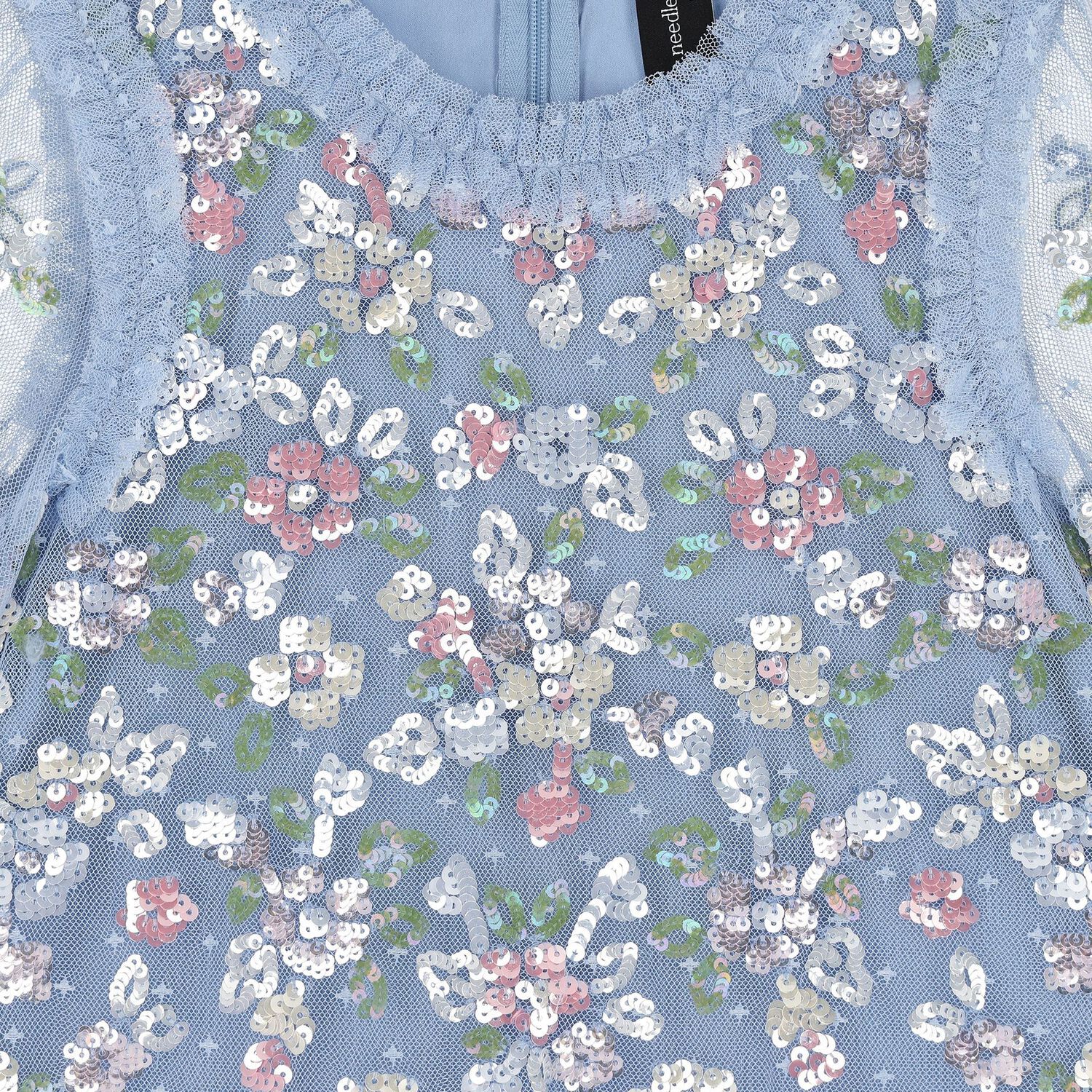 فستان تول وفصوص مزخرف بالزهور للفتيات باللون الأزرق, 1, hi-res image number null