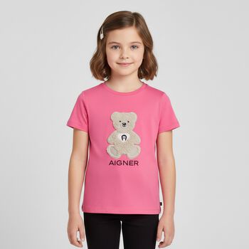 Girls Pink Teddy Bear Logo T-Shirt