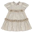Younger Girls Beige & Gold Logo Ruffled Dress, 1, hi-res