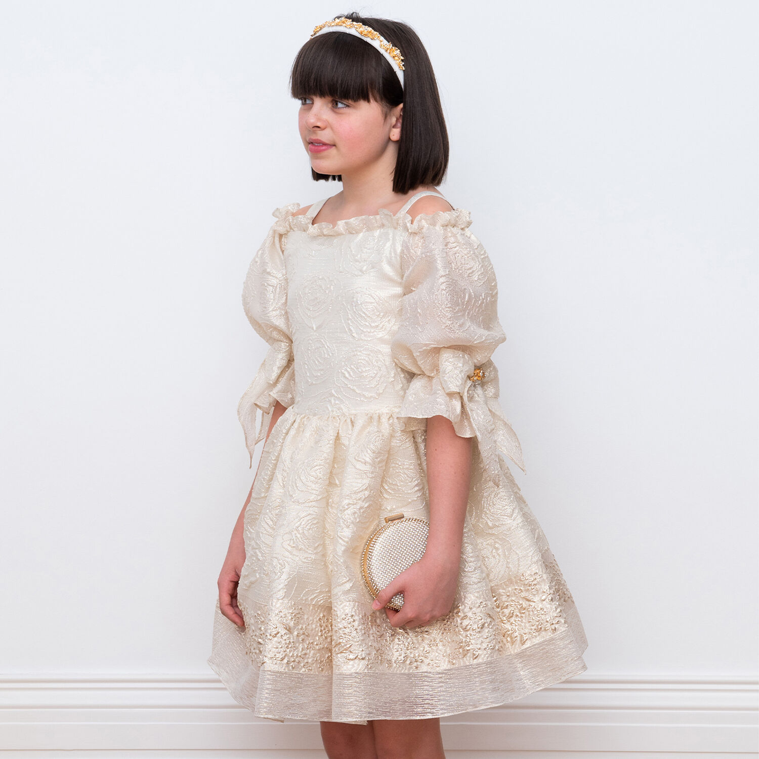 Girls Ivory & Gold Brocade Dress, 1, hi-res image number null
