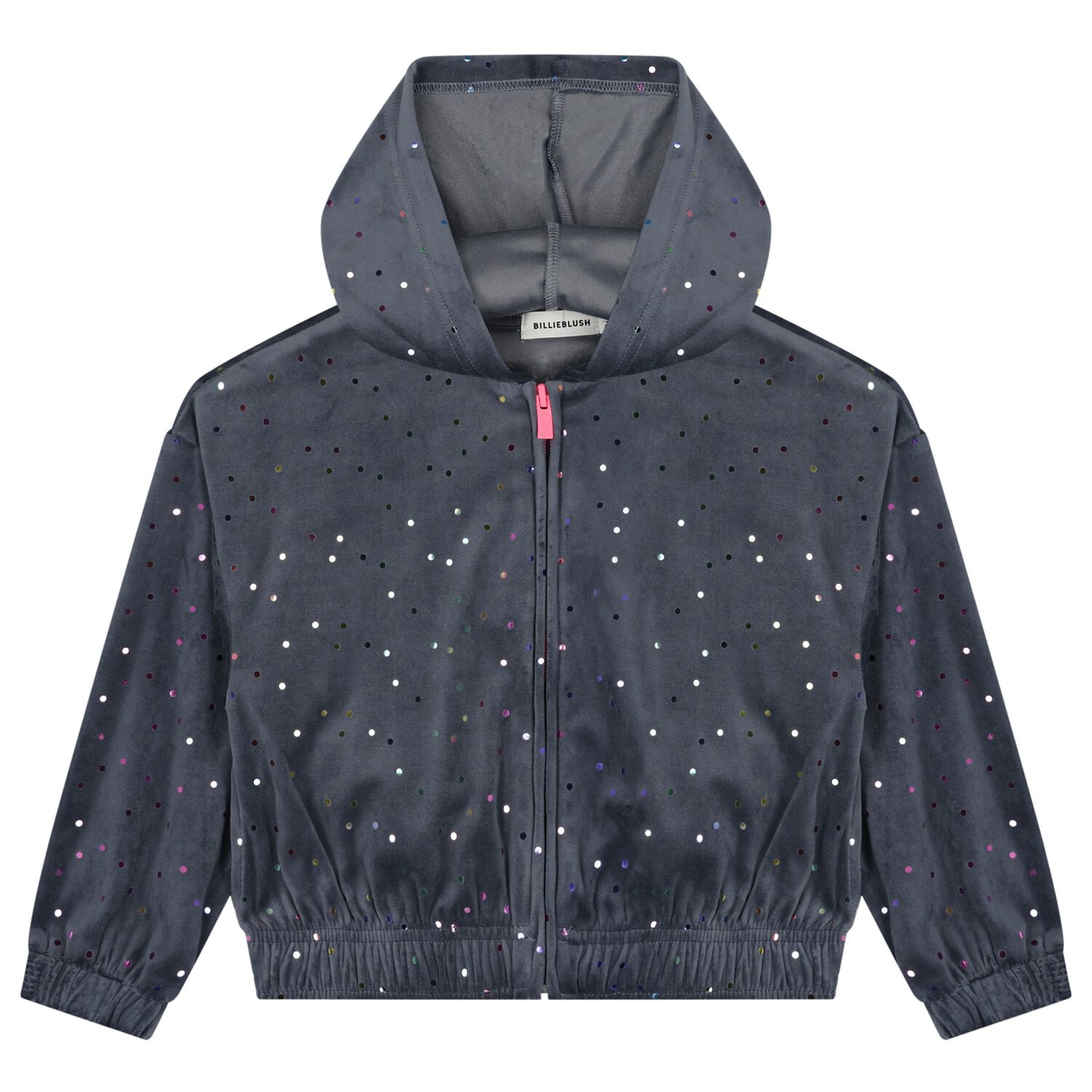 Girls Grey Dot Hooded Zip Up Top, 1, hi-res
