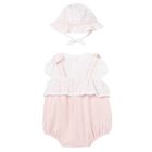 Baby Girls White & Pink Romper & Hat Set, 1, hi-res