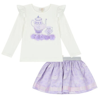 Girls Ivory & Purple Embellished Skirt Set