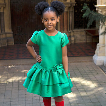 Girls Green Satin Bow Dress