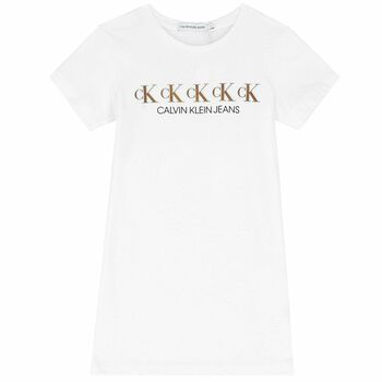 Girls White & Gold Logo Dress