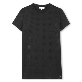 فستان بناتي أسود مرصع بأحجار الراين