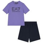Boys Violet & Black Logo Shorts Set, 2, hi-res