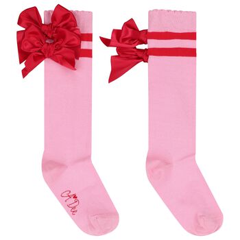 Girls Pink Satin Bow Knee High Socks