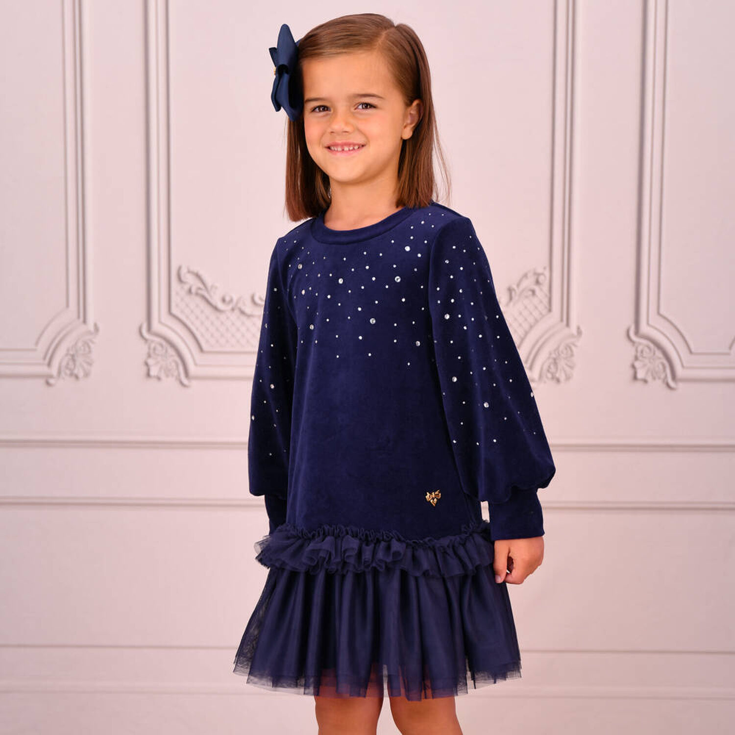 Girls Navy Blue Embellished Dress, 1, hi-res