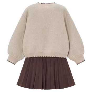 Girls Beige Knitted Skirt Set
