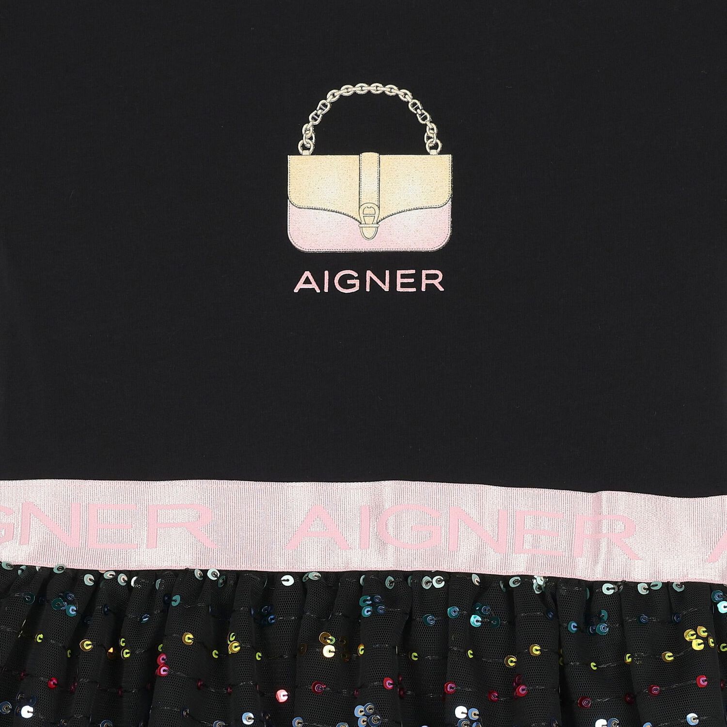 Girls Black Logo Sequin Dress, 2, hi-res image number null