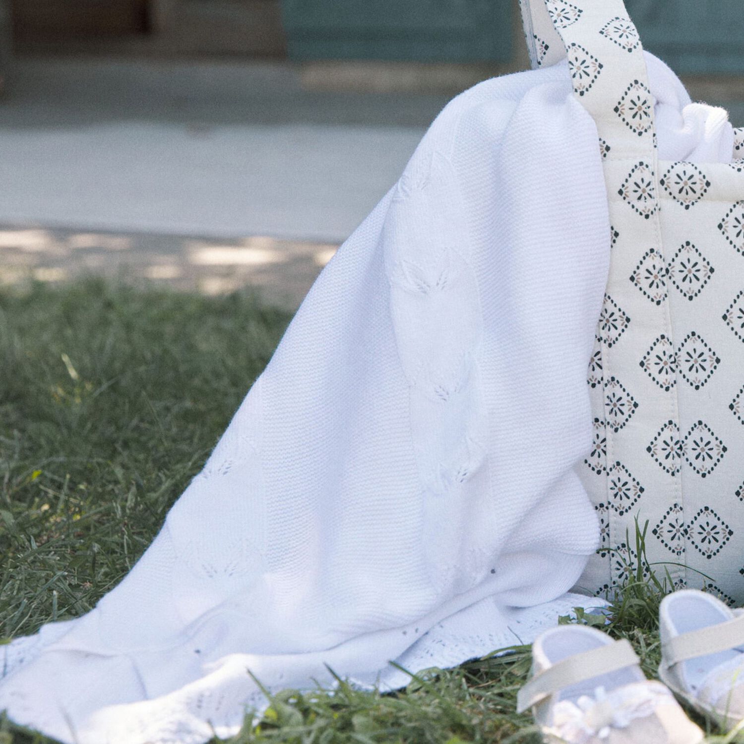 White Cotton Knit Baby Blanket, 2, hi-res