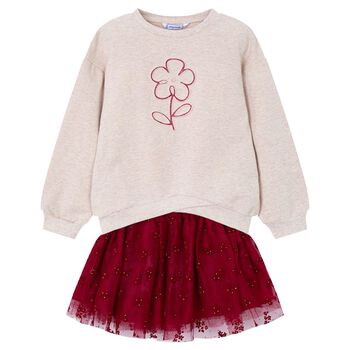Girls Beige & Red Flower Skirt Set
