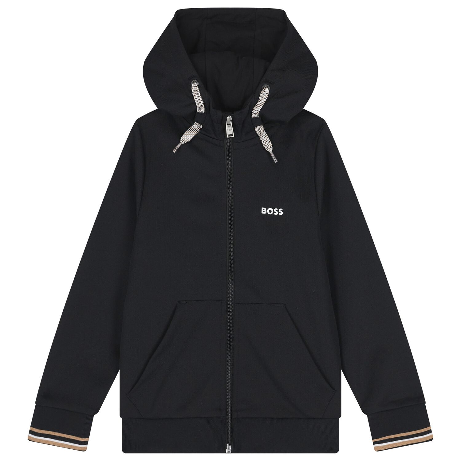 Boys Black Logo Hooded Zip Up Top, 1, hi-res image number null
