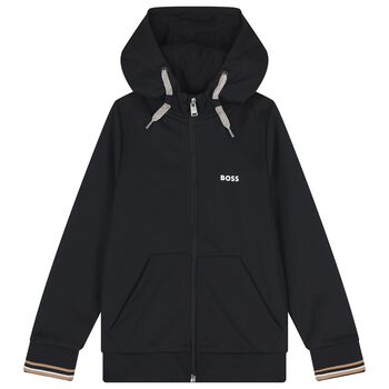 BOSS Boys Black Logo Hooded Zip Up Top, 1 Boys Black Logo Hooded Zip Up Top