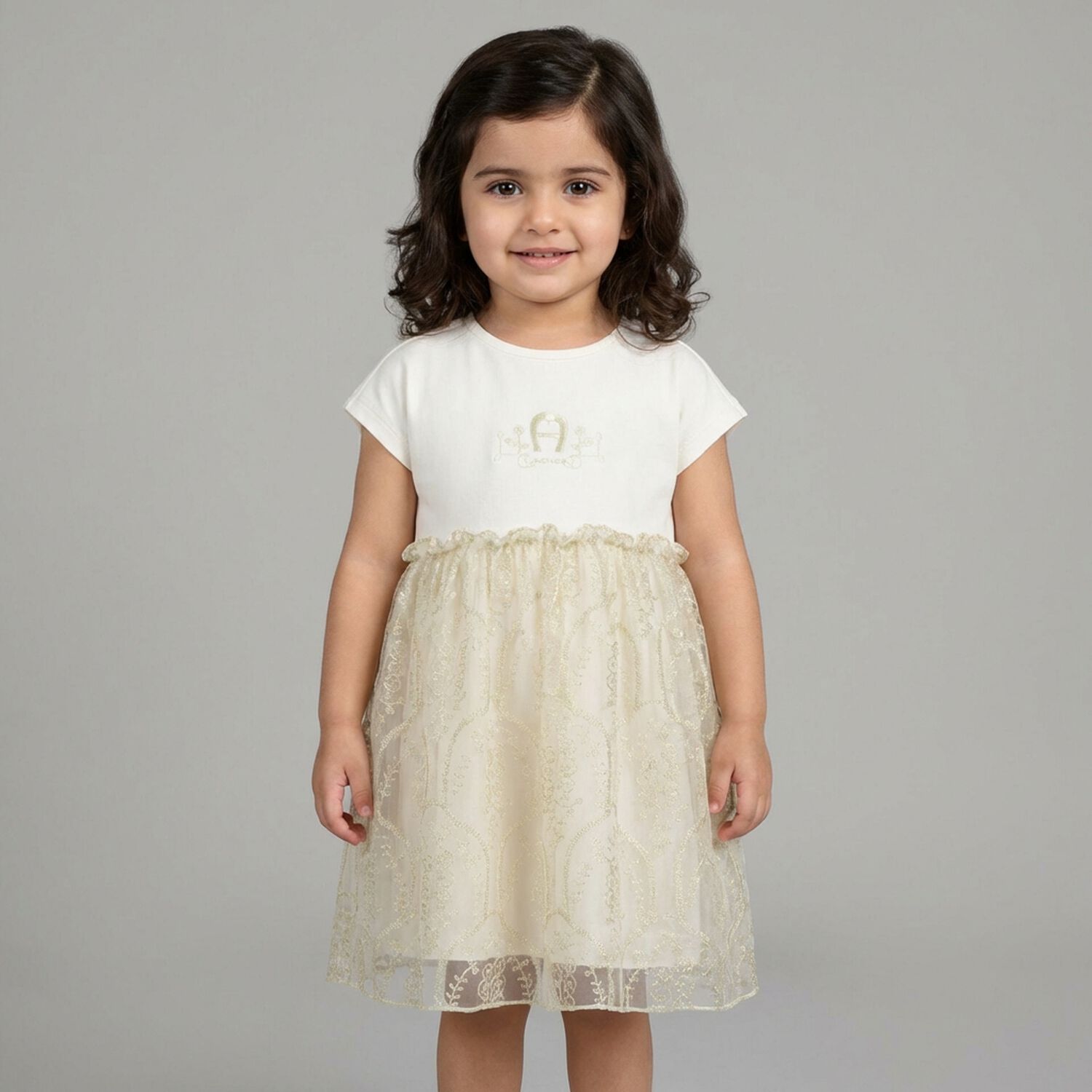 Younger Girls Ivory & Gold Logo Dress, 1, hi-res