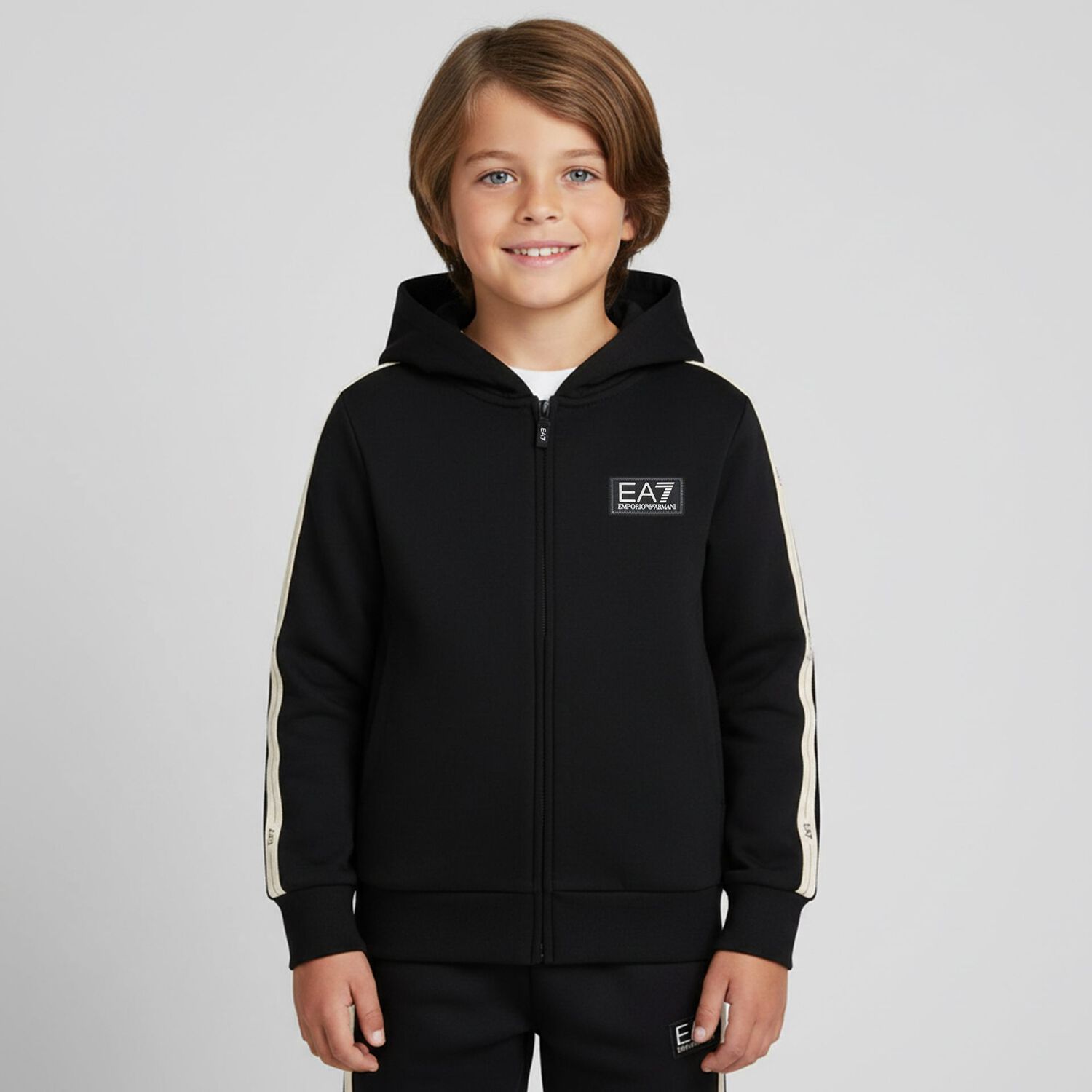 Boys Black Logo Hooded Zip Up Top, 2, hi-res