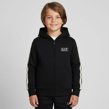 Boys Black Logo Hooded Zip Up Top