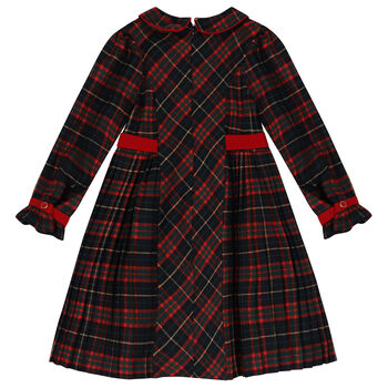 Girls Navy Blue, Green & Red Tartan Dress