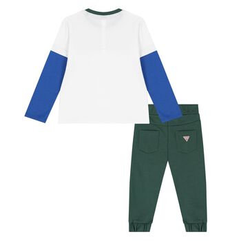 Younger Boys White & Green Logo Trousers Set