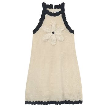 Girls Beige 3D Crochet Flower Dress