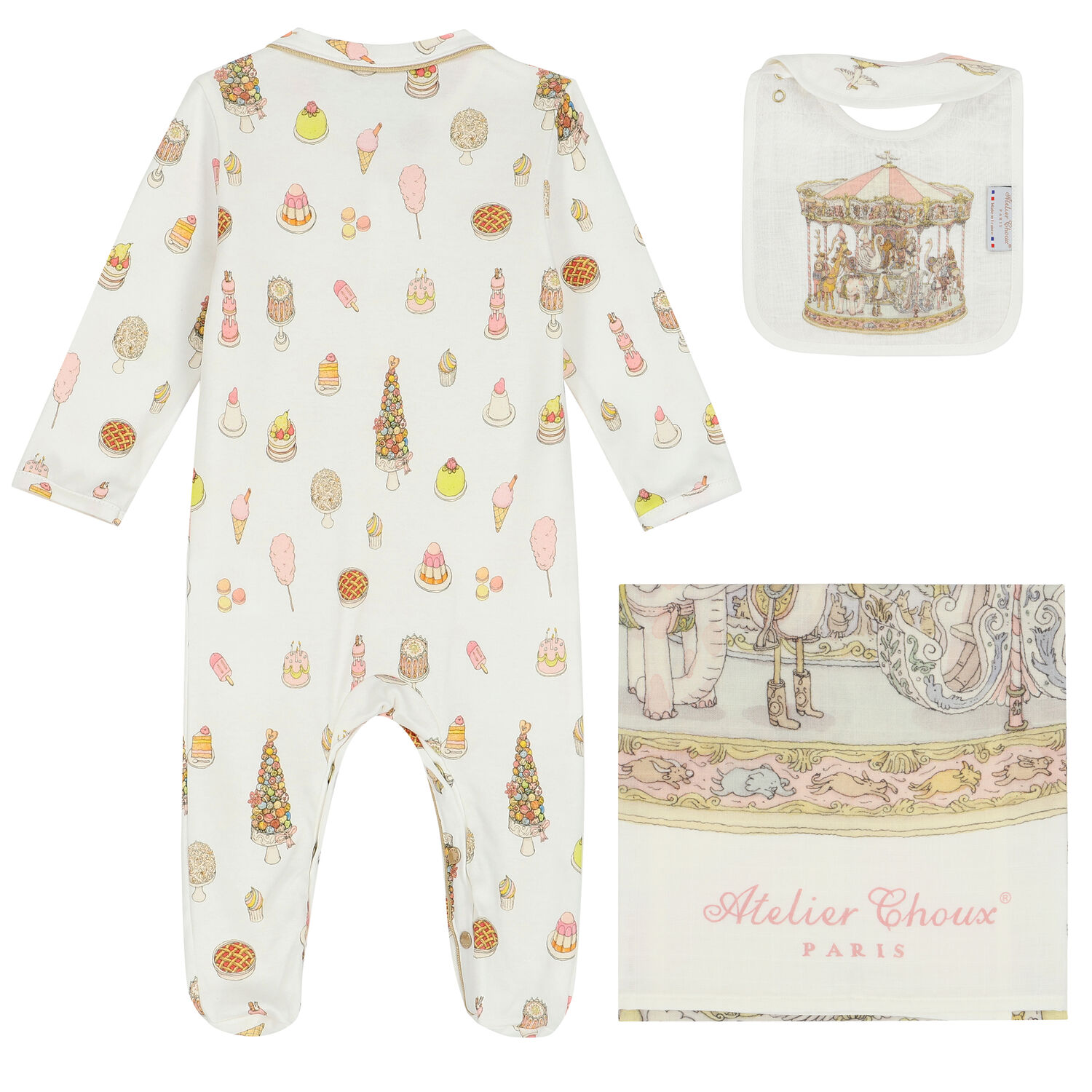 Baby Girls Ivory & Pink Carousel Babygrow Gift Set, 1, hi-res