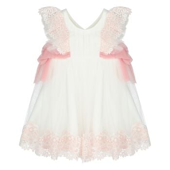 Younger Girls White & Pink Tulle Lace Dress