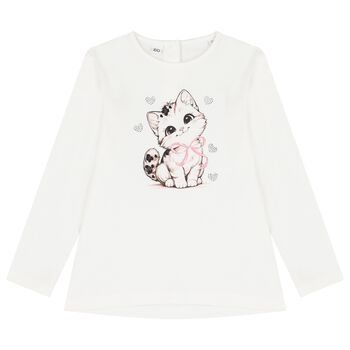 Girls Ivory Cat Long Sleeve Top