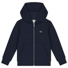 Boys Navy Blue Logo Hooded Zip Up Top, 1, hi-res