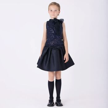 Girls Navy Blue Bow Sequin Skirt Set