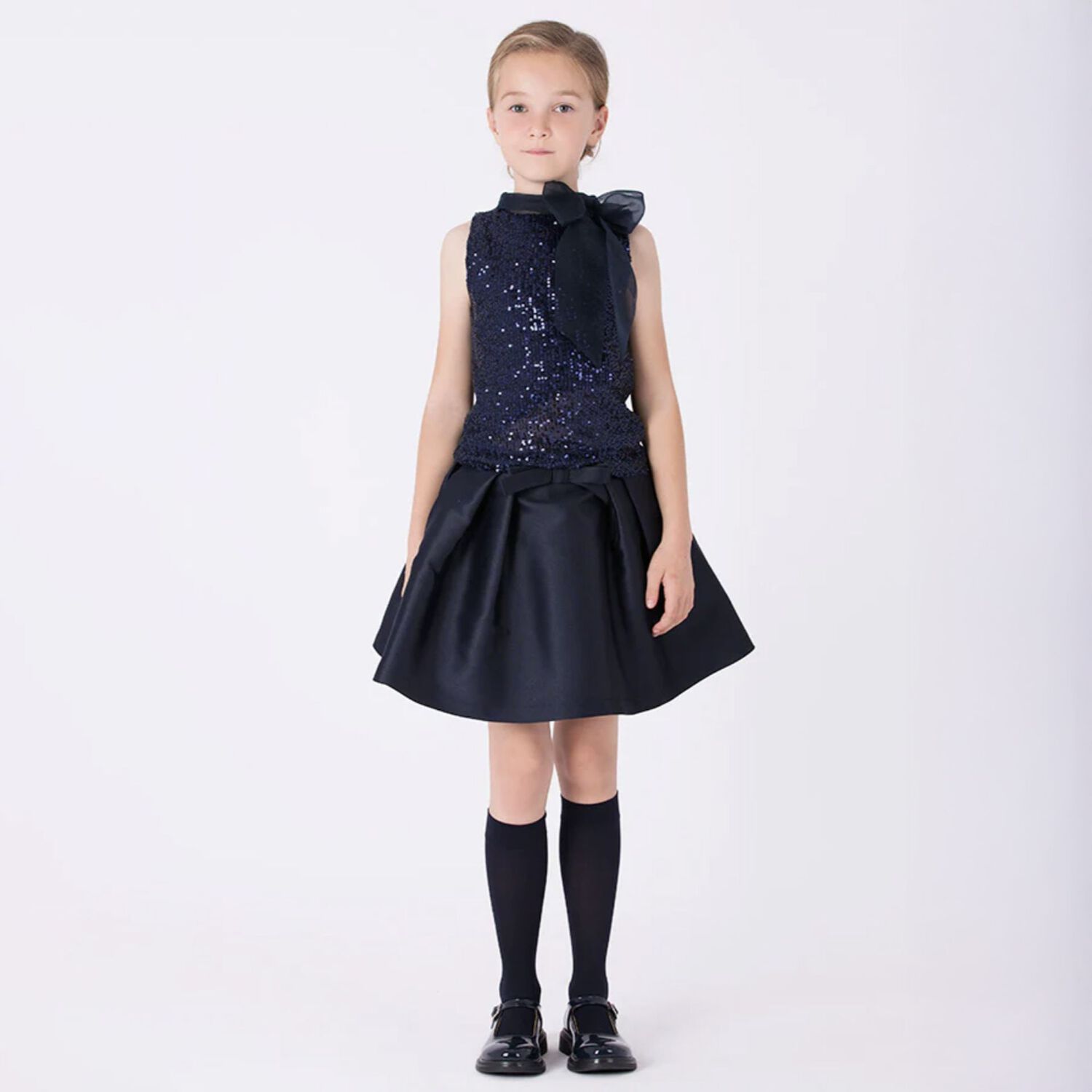 Girls Navy Blue Bow Sequin Skirt Set, 1, hi-res image number null
