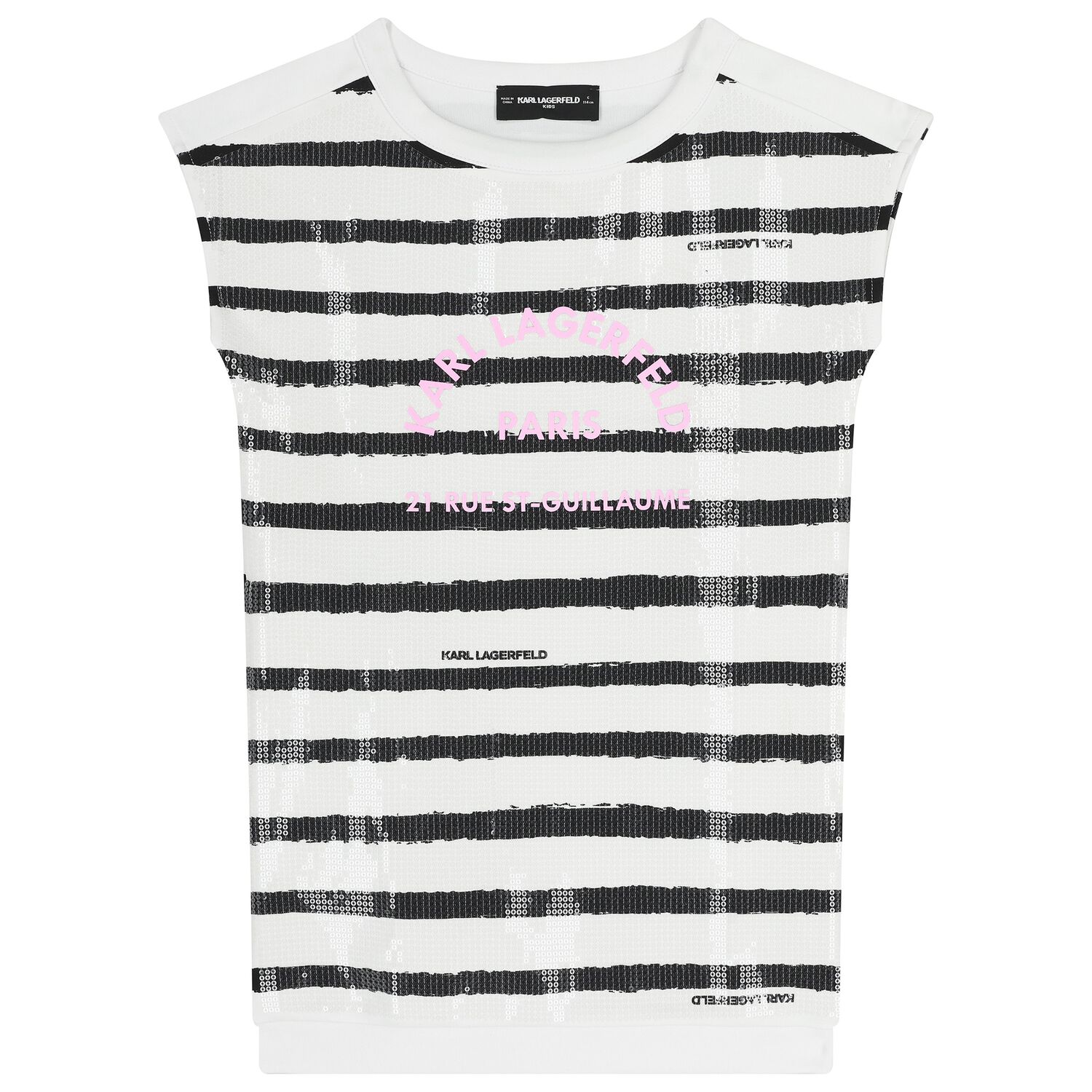 Girls White & Black Striped Dress, 1, hi-res