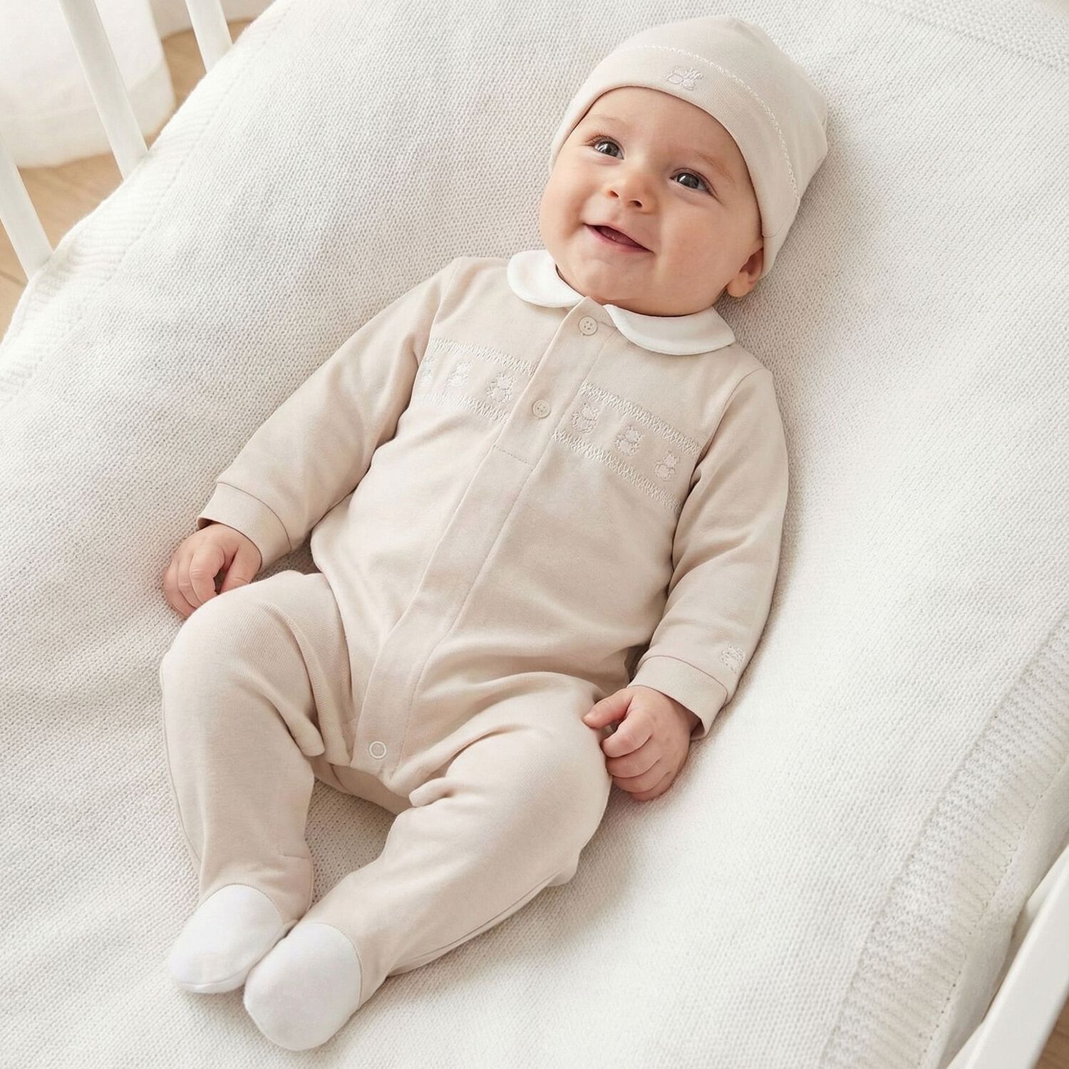 Beige Embroidered Teddy Bear Babygrow, 2, hi-res