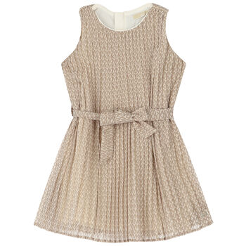 Girls Ivory Logo Pleated Chiffon Dress