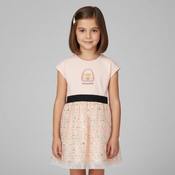 Girls Pink Logo Sequin Dress