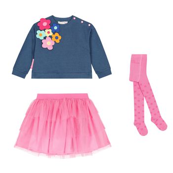 Girls Blue & Pink Flower Skirt Set