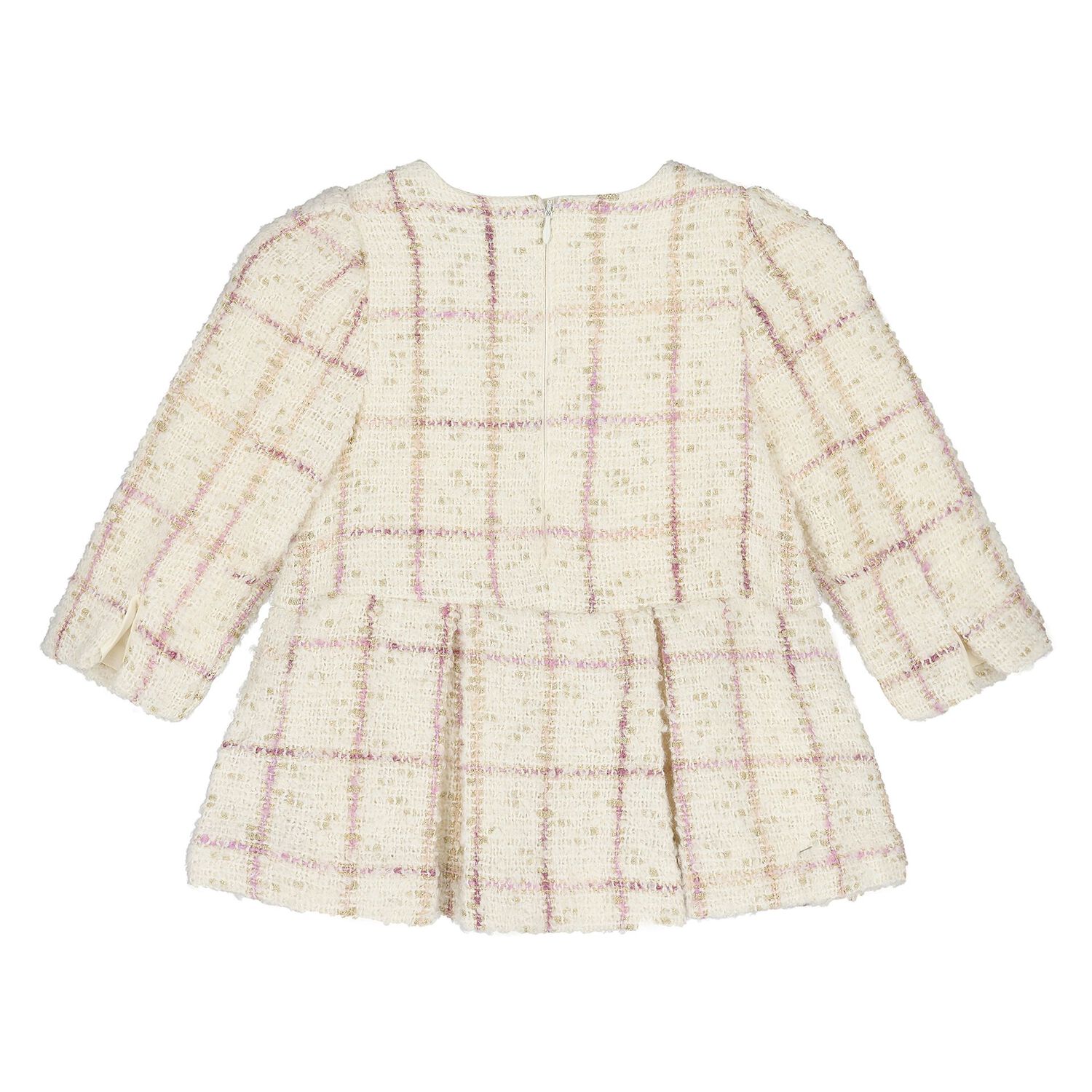 Younger Girls Ivory Plaid Tweed Dress, 1, hi-res