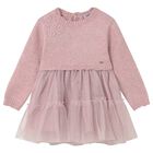 فستان وردي محبوك وتول للبنات الصغار, 1, hi-res