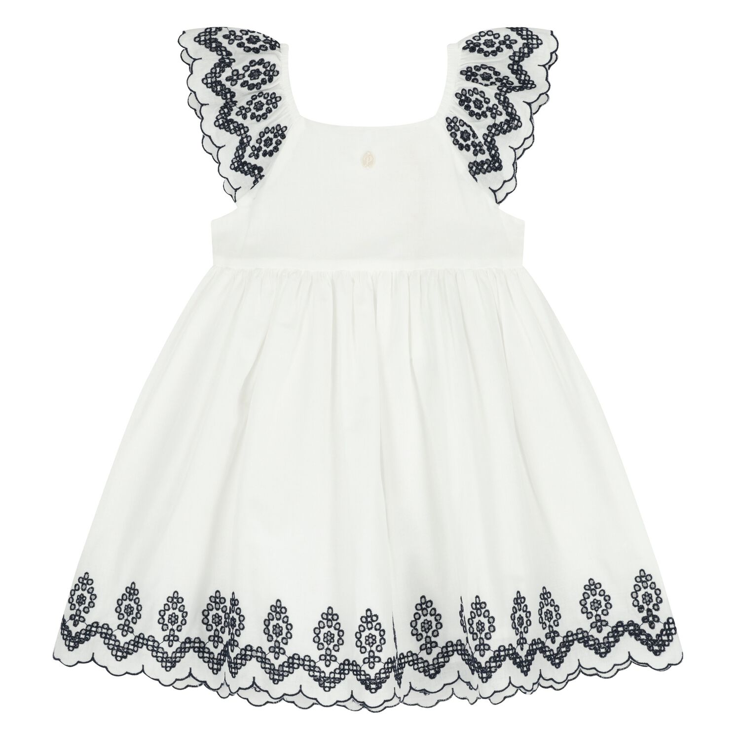 Girls White & Navy Blue Embroidered Dress, 1, hi-res