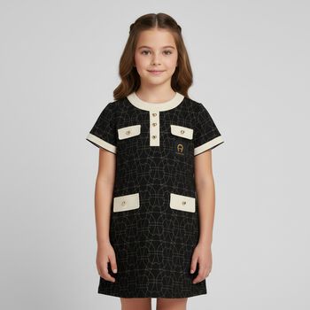 Girls Black & Ivory Logo Dress