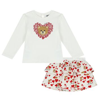 Younger Girls Ivory Teddy Bear & Hearts Skirt Set